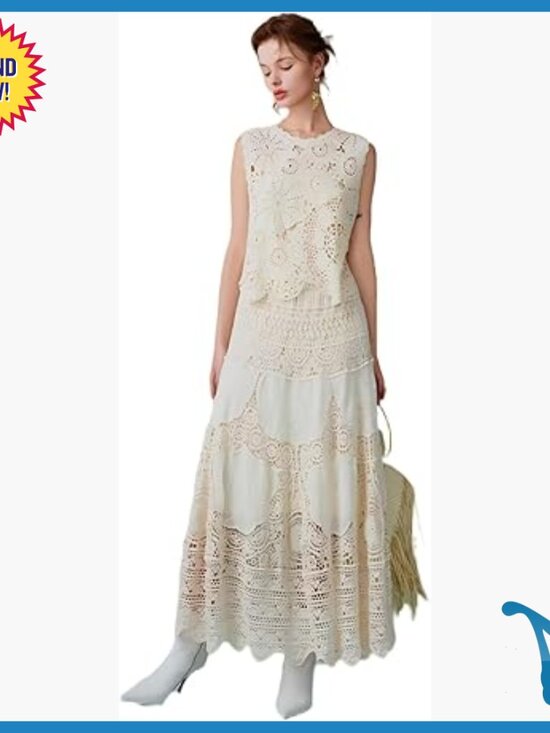 Dresses & Skirts - Crochet Maxi Skirt High Waist A-Line Floral Eyelet Lace Beach Cover Up